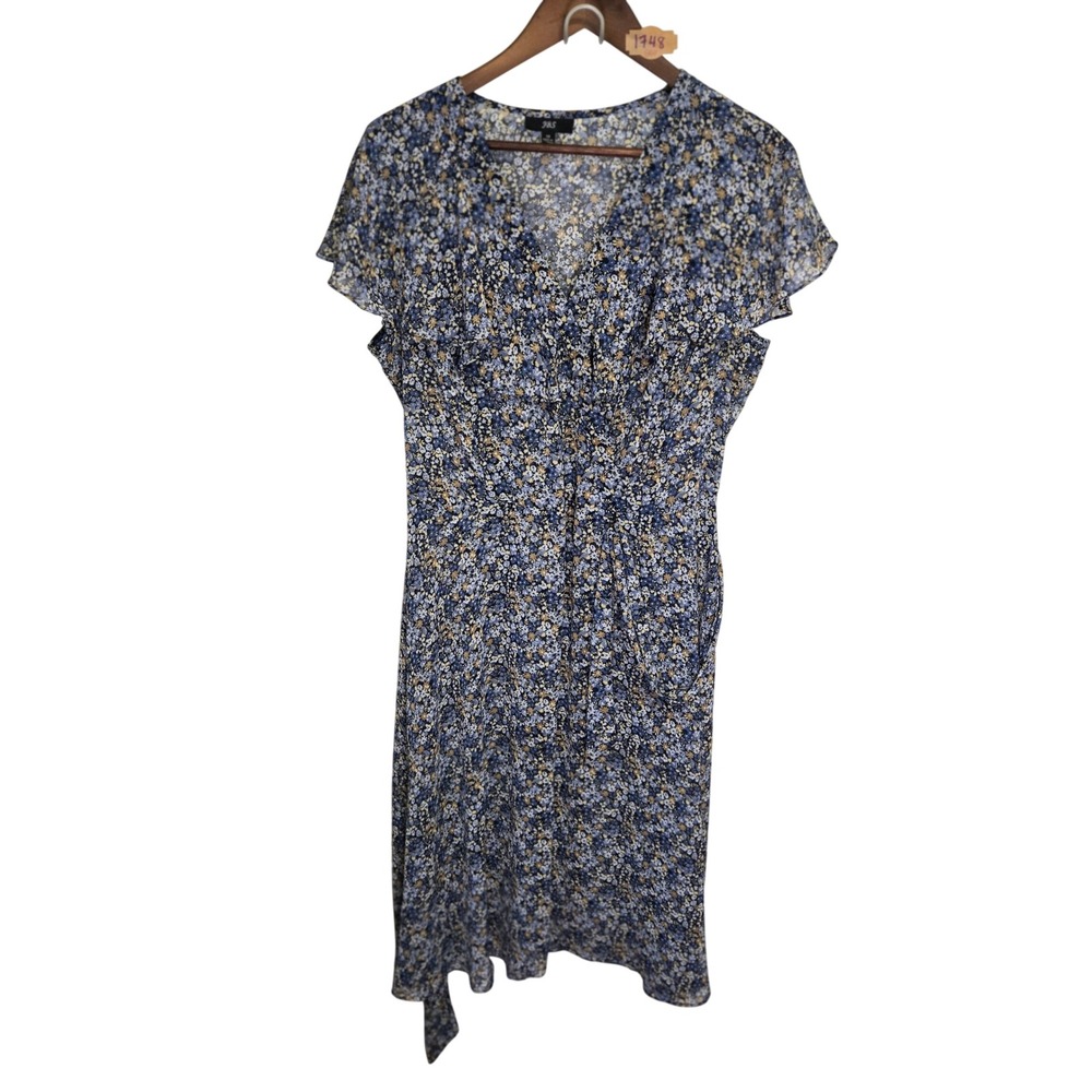 JBS Womens Blue Floral V-Neck Flutter Sleeve Tie Waist Midi Dress Size 14